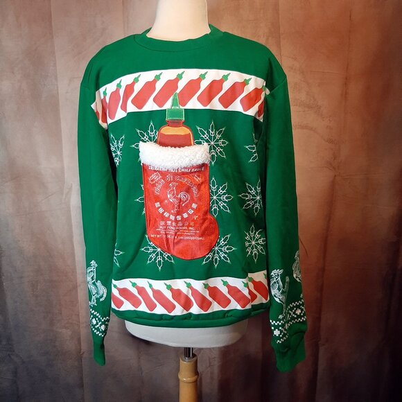 Sriracha Ugly Christmas Sweatshirt Hot Chili Sauce Sweater Green unisex Small - Picture 1 of 5